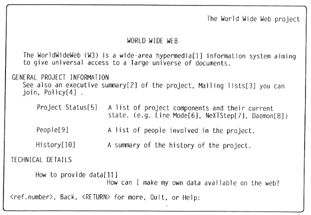 Screenshot of Line Mode Browser from article about World-Wide Web printed in Oct-Dec 1991 issue of CERN COMPUTER NEWSLETTER by Tim Berners-Lee, Robert Cailliau, Jean-Francois Groff and Bernd Pollermann. Assuming CERN Conditions of Use.