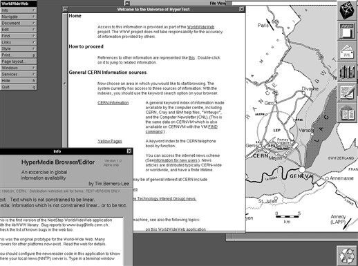 A screenshot of WorldWideWeb HyperMedia Browser/Editor by Tim Berners-Lee from 1990 (or 1991?), CERN-IT-9001001, Conditions of Use © 1990-2022 CERN.